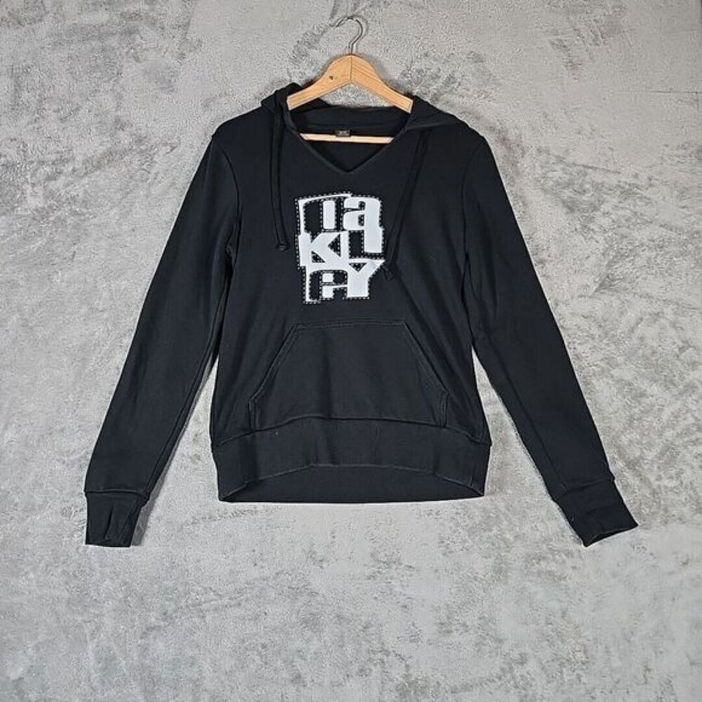 Oakley Sweatshirt Womens Medium Black Hoodie Front Spellout Pullover Kangaroo
